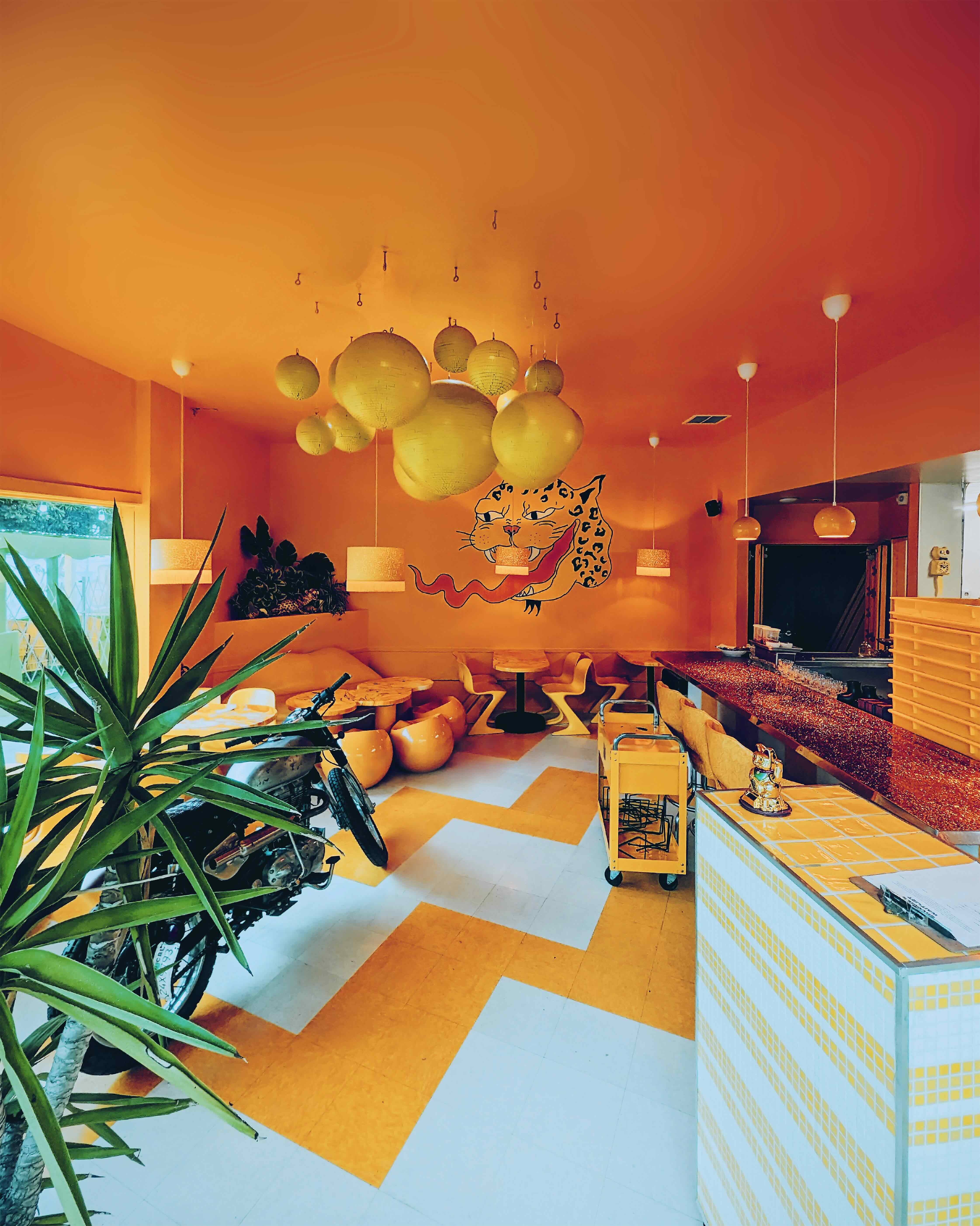 restaurant with orange walls
